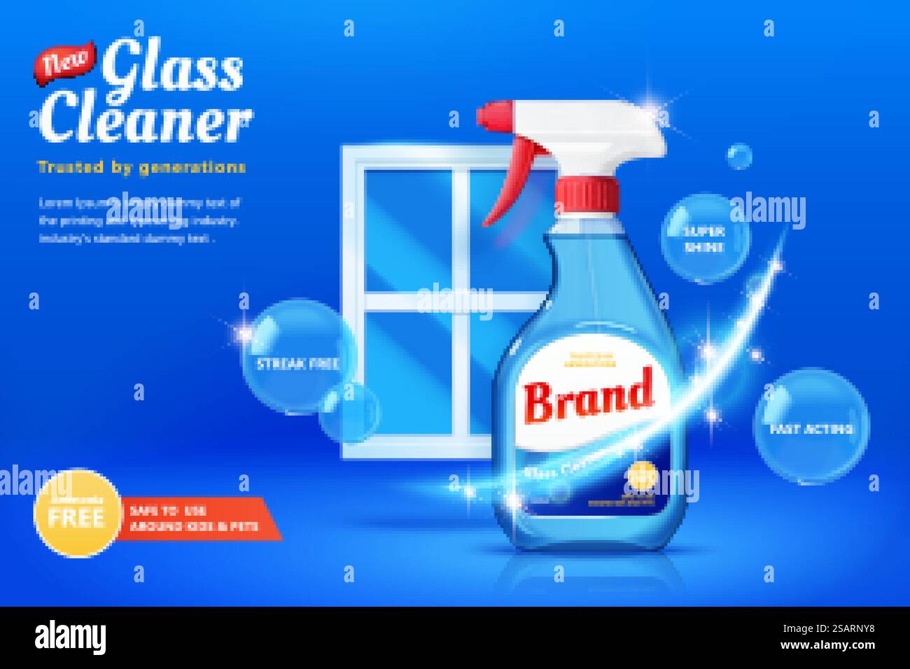 Modello di annuncio detergente per vetri nell'illustrazione 3d, flacone spray con diverse bolle e finestra su sfondo blu. Striscione promozionale detergente per vetri Illustrazione Vettoriale