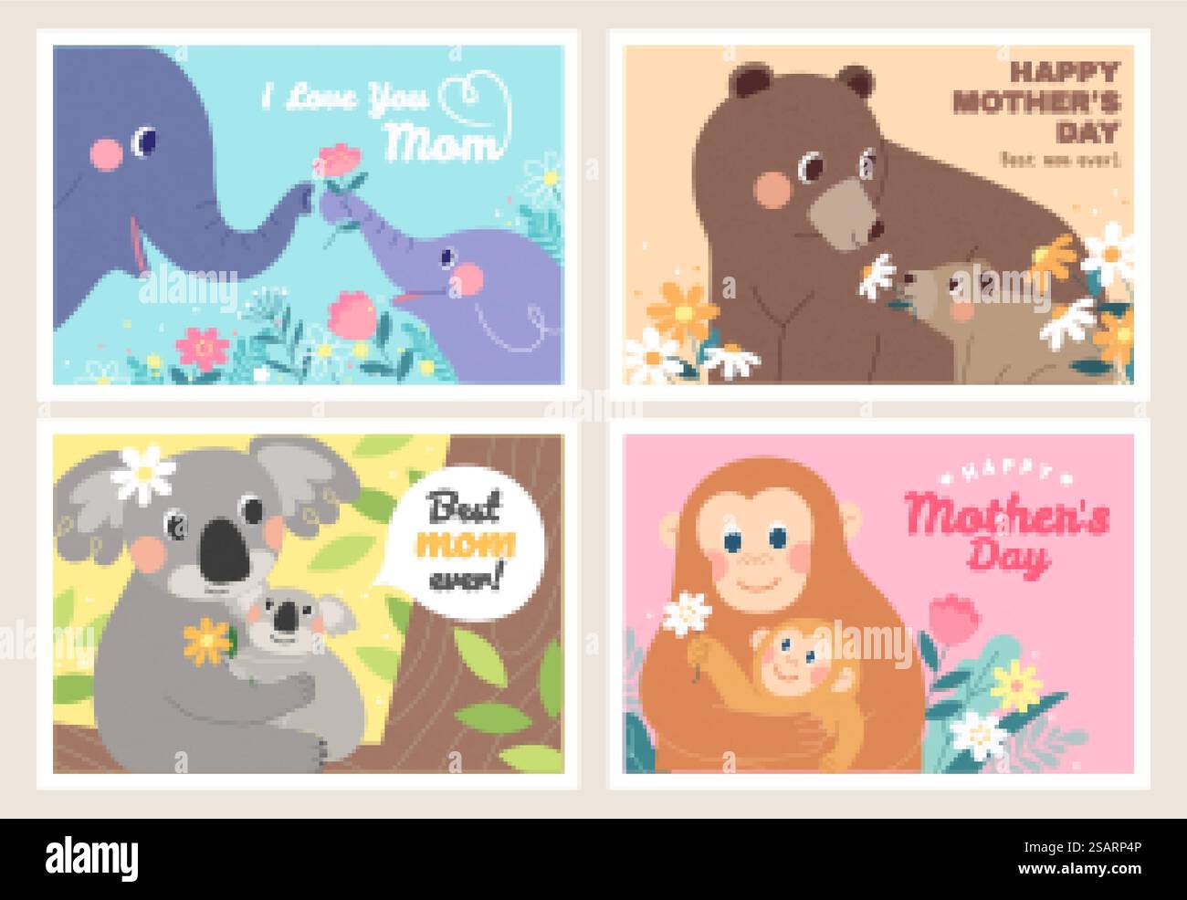 Gli animali adorabili celebrano la festa della mamma. I figli dell'elefante, dell'orso, del koala e della scimmia consegnano fiori alle loro madri. Illustrazione progettata in posizione piatta.. Gli animali carini celebrano la festa della mamma Illustrazione Vettoriale