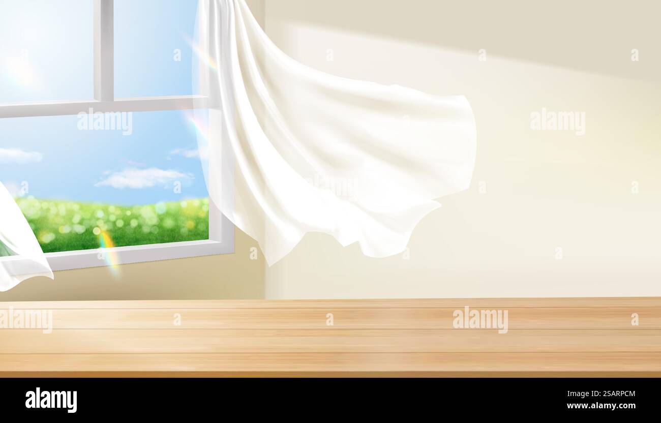 Illustrazione 3D di un tavolo vuoto in legno al chiuso con vento che soffia da una finestra e tende che volano in una giornata di sole. Design utilizzato per visualizzare un prodotto. Piano d'esame interno per la visualizzazione Illustrazione Vettoriale