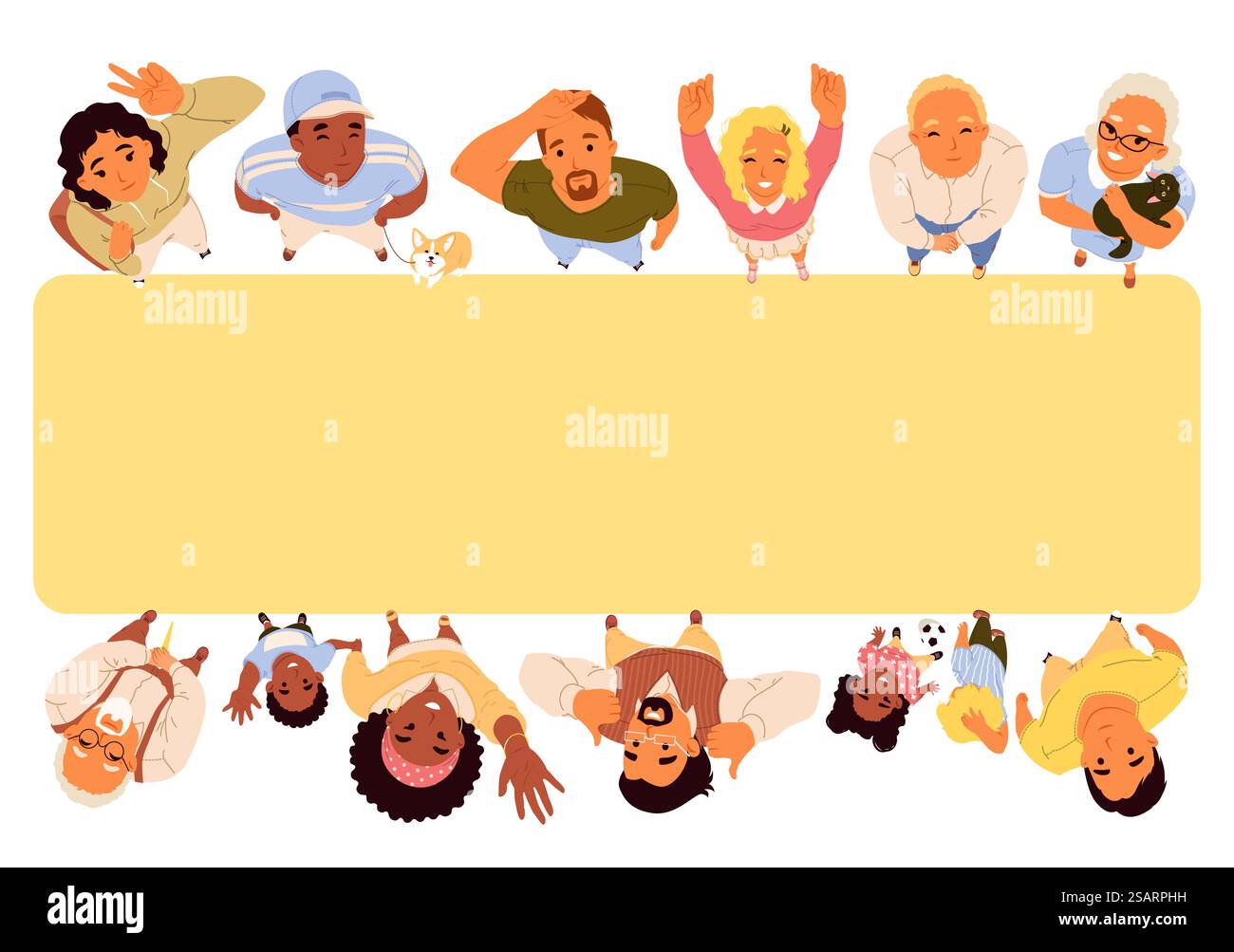 Vista dall'alto sorridente persone positive facce di età e nazionalità diverse in piedi intorno a un'illustrazione vettoriale di spazio vuoto a forma di rettangolo. Persone positive di età e nazionalità diverse che si trovano nella vista dall'alto rettangolare Illustrazione Vettoriale