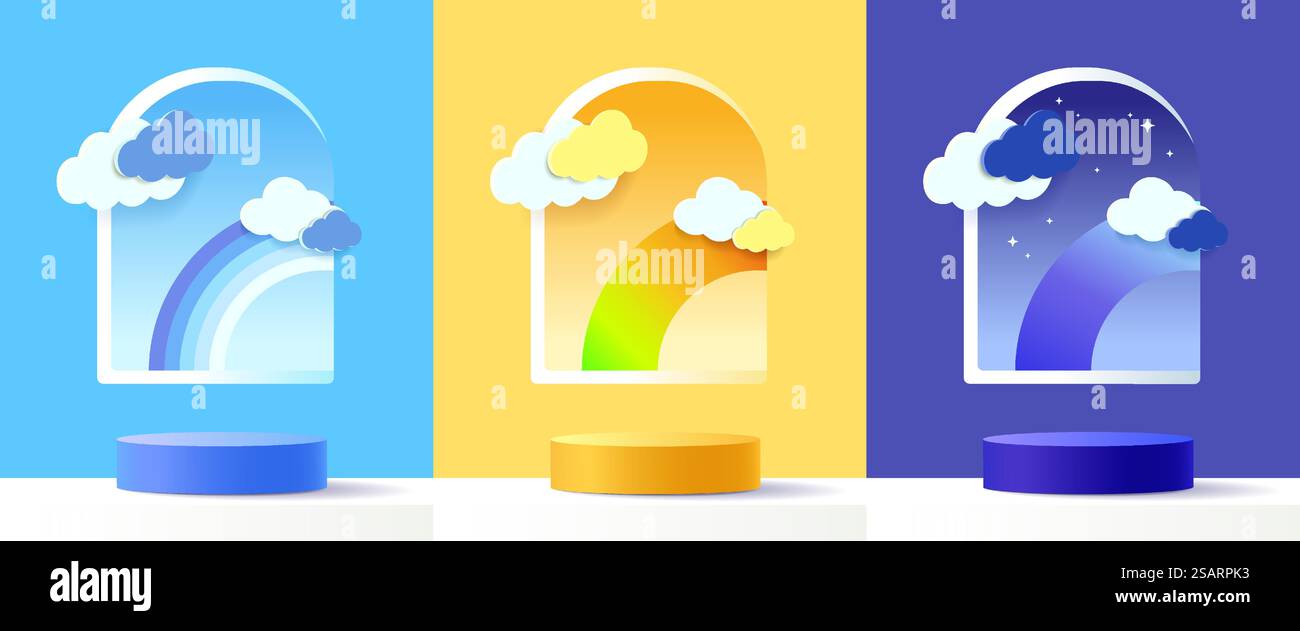 Set di podio a piedistallo per cilindri 3d blu, giallo, blu scuro con sfondo a forma di ACH. Scenografia minimale astratta per vetrina dei prodotti, esposizione promozionale. Tavola rotonda. Forme geometriche vettoriali. Illustrazione Vettoriale