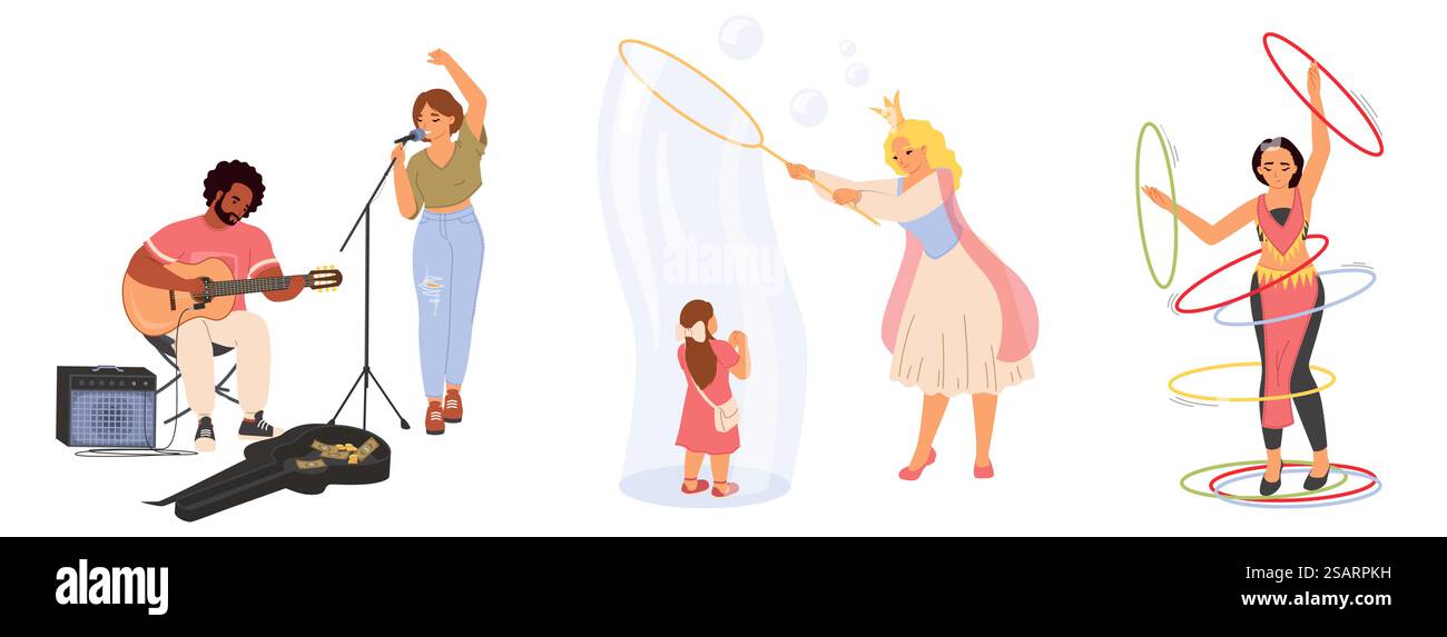 Band di Street Music, artista con un enorme soffiatore di bolle, ballerina del ventre ginnasta con isolamento hula-hoop su sfondo bianco. Illustrazione vettoriale degli artisti del carnevale urbano. Gruppo musicale di strada, artista con bolla, ginnasta con hula-hoop Illustrazione Vettoriale