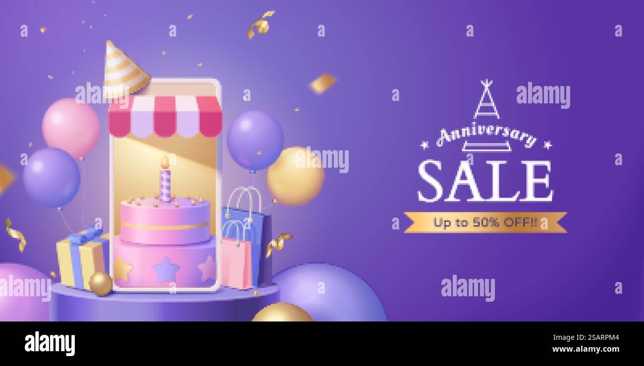 banner di vendita per l'anniversario del negozio online 3d. Torta rosa visualizzata sullo schermo del telefono con confezione regalo, borse della spesa, palloncini colorati e coriandoli intorno. banner di vendita online 3d. Illustrazione Vettoriale