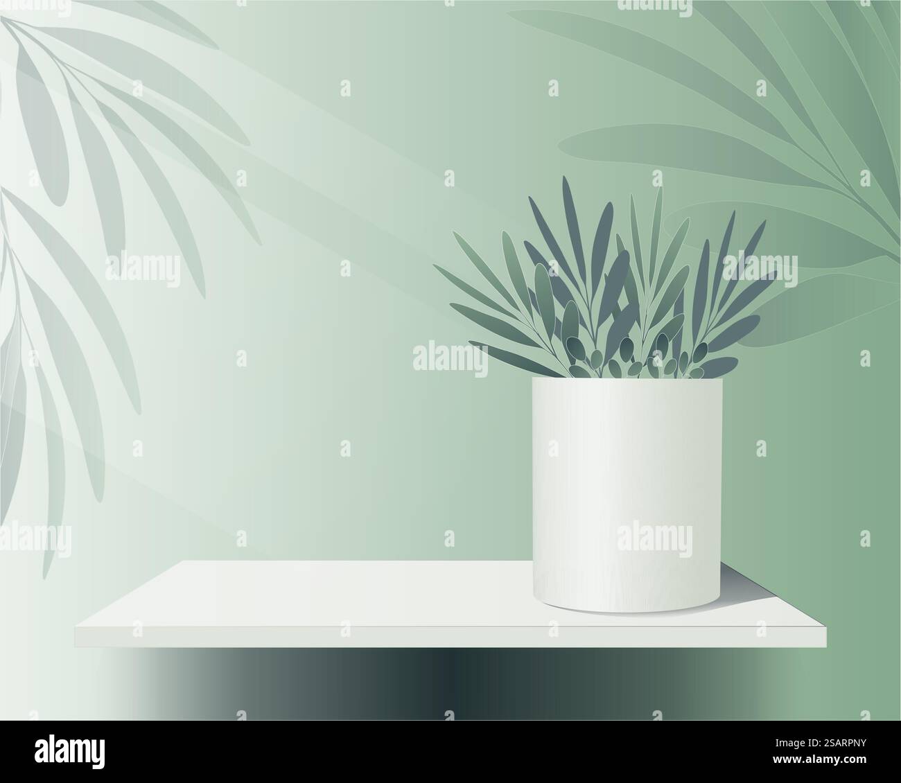 Design verde realistico dello sfondo con ripiano, vaso, foglie tropicali. Scenografia minima con piattaforma per mostrare il prodotto cosmetico. Podio con piante per la casa in vendita, mockup, presentazione. Rendering 3d vettoriale Illustrazione Vettoriale
