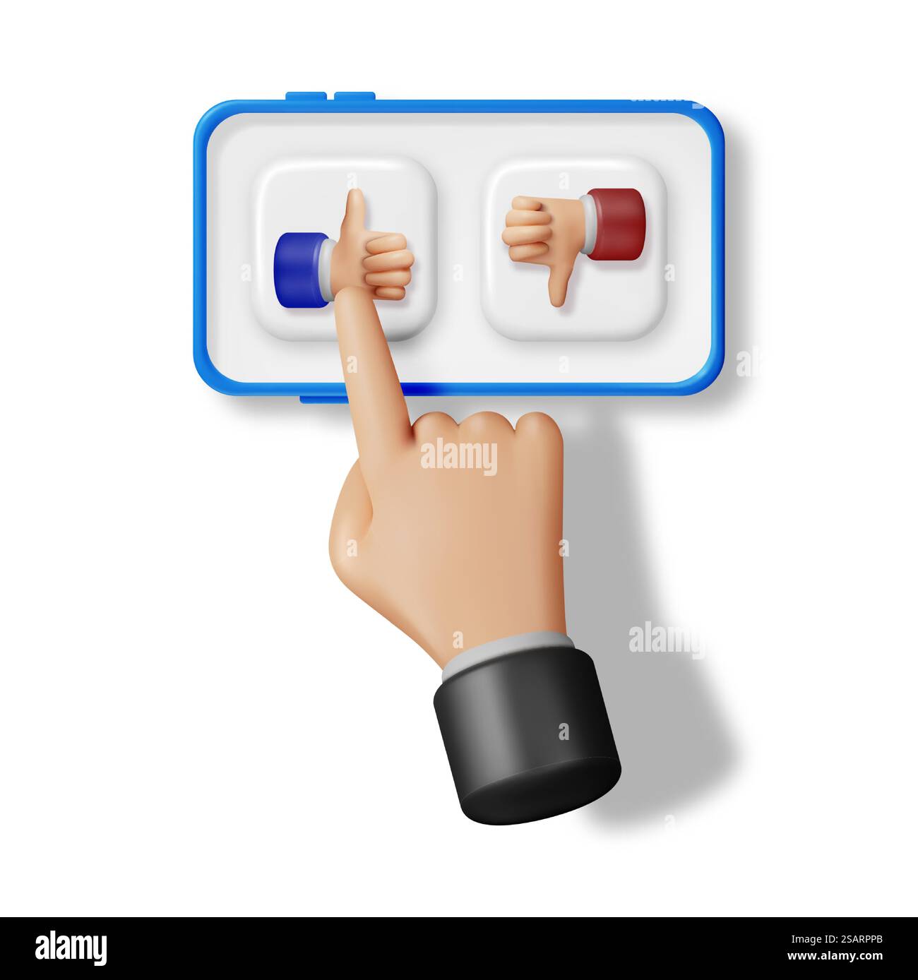 3D Thumbs Up and Thumbs Down Hands Gestures in Mobile Phone isolato. Visualizzare sullo schermo simboli simili e non simili a quelli delle mani. Icone di voto o valutazione del cliente. Movimenti delle dita del cartoni animati. Illustrazione vettoriale. Gesti Thumbs Up e Thumbs Down 3D nel telefono Illustrazione Vettoriale