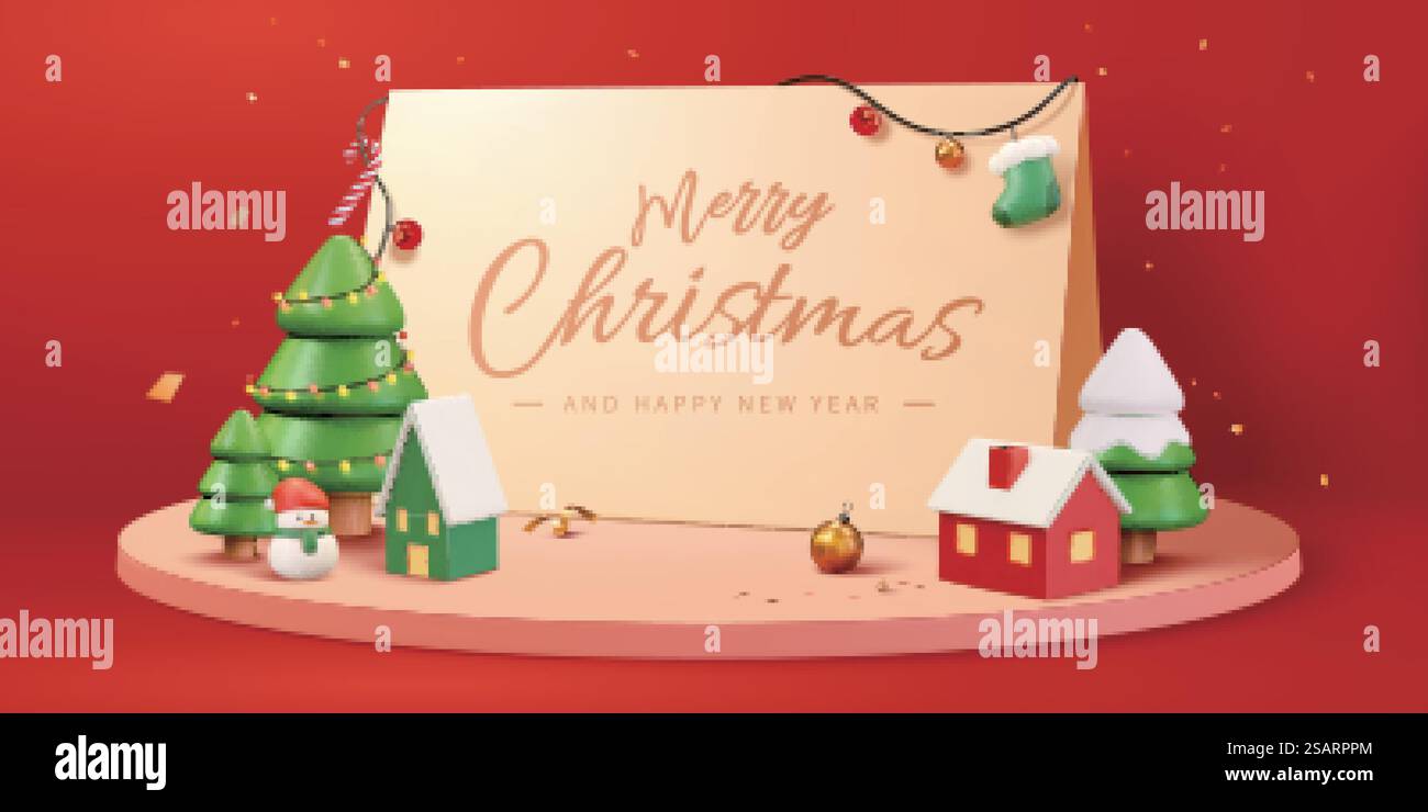 Striscione natalizio 3d con cartolina di buon Natale, albero di Natale, pupazzo di neve e piccolo villaggio sul palco. Biglietto d'auguri 3d per le festività natalizie Illustrazione Vettoriale