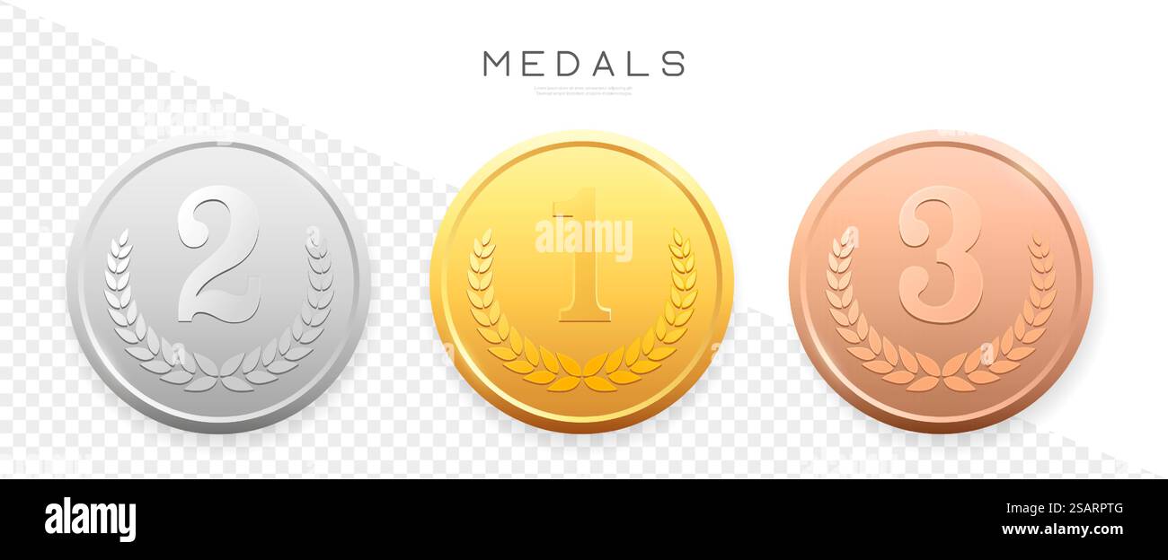 Set di medaglie d'oro, d'argento e di bronzo. Badge vettoriale realistico con primo, secondo, terzo posizionamento. Etichetta risultato round. Premio del vincitore. Trofeo del concorso Illustrazione Vettoriale