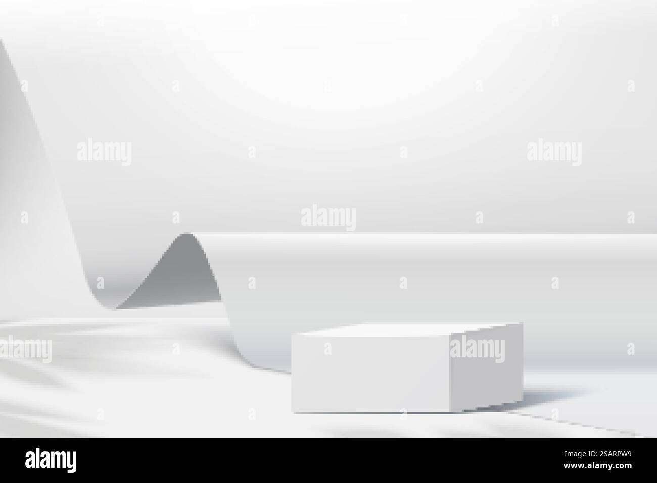 Podio quadrato 3D con flusso d'onda di carta bianca su sfondo bianco studio. illustrazione 3d del display del prodotto. Fase di esposizione del prodotto Illustrazione Vettoriale