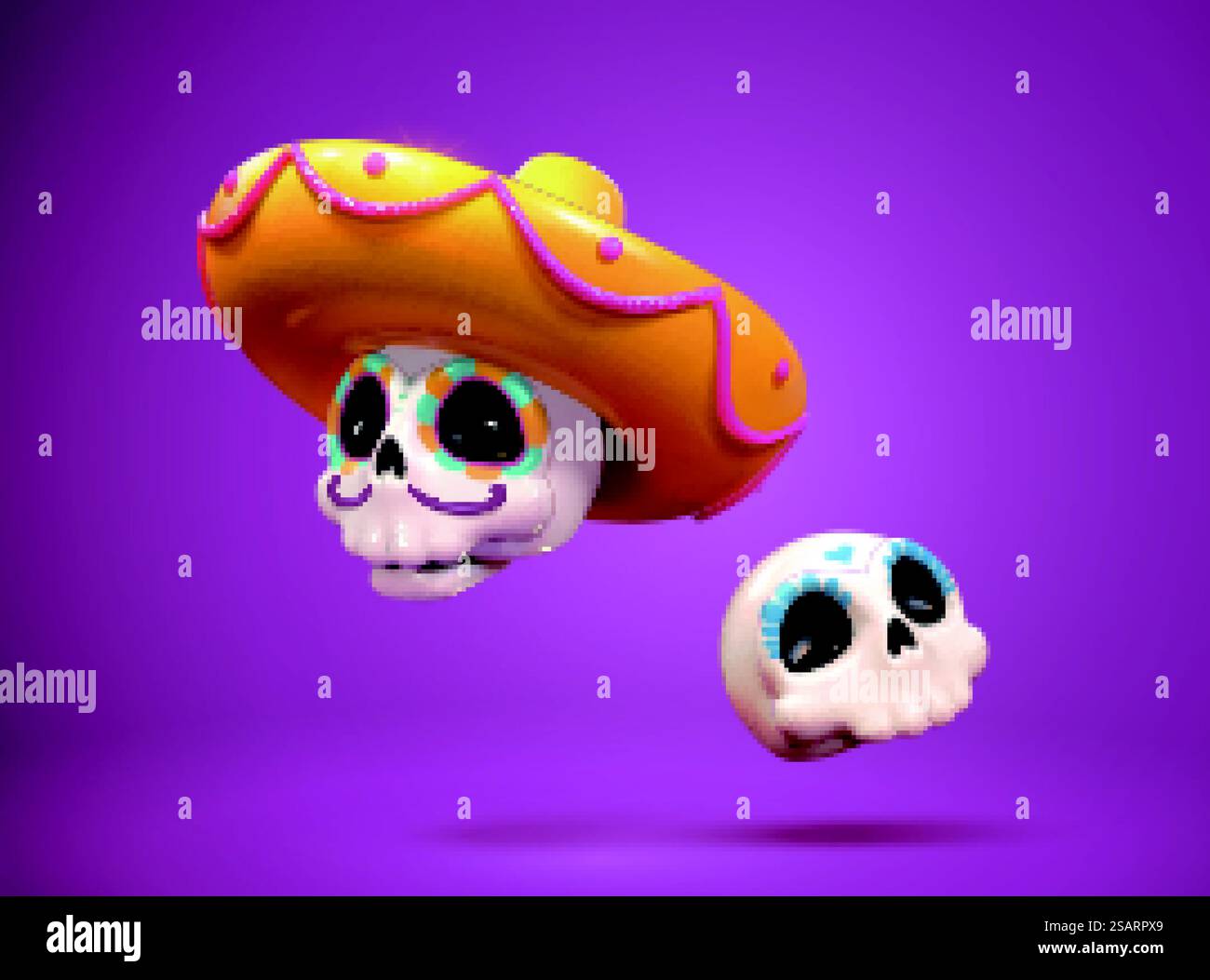 teschi di zucchero 3d decorati con motivi colorati. Uno indossa un cappello messicano sombrebo e uno senza. Graziosi elementi dia de muertos isolati su sfondo viola. Teschi di zucchero 3d per Day of the Dead Illustrazione Vettoriale
