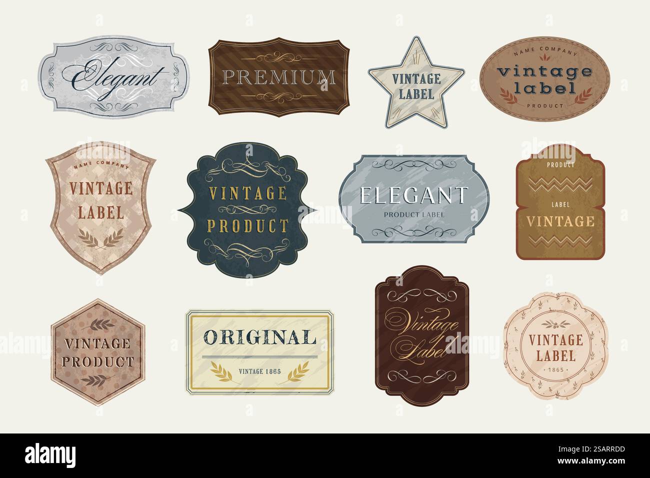 Modelli di badge vintage. Etichetta per album di album con cornici ornate, elegante set vettoriale di etichette per album di album e illustrazioni per badge. Modelli di badge vintage. Etichetta da album con cornici ornate, elegante set vettoriale con emblema vecchio stile Illustrazione Vettoriale