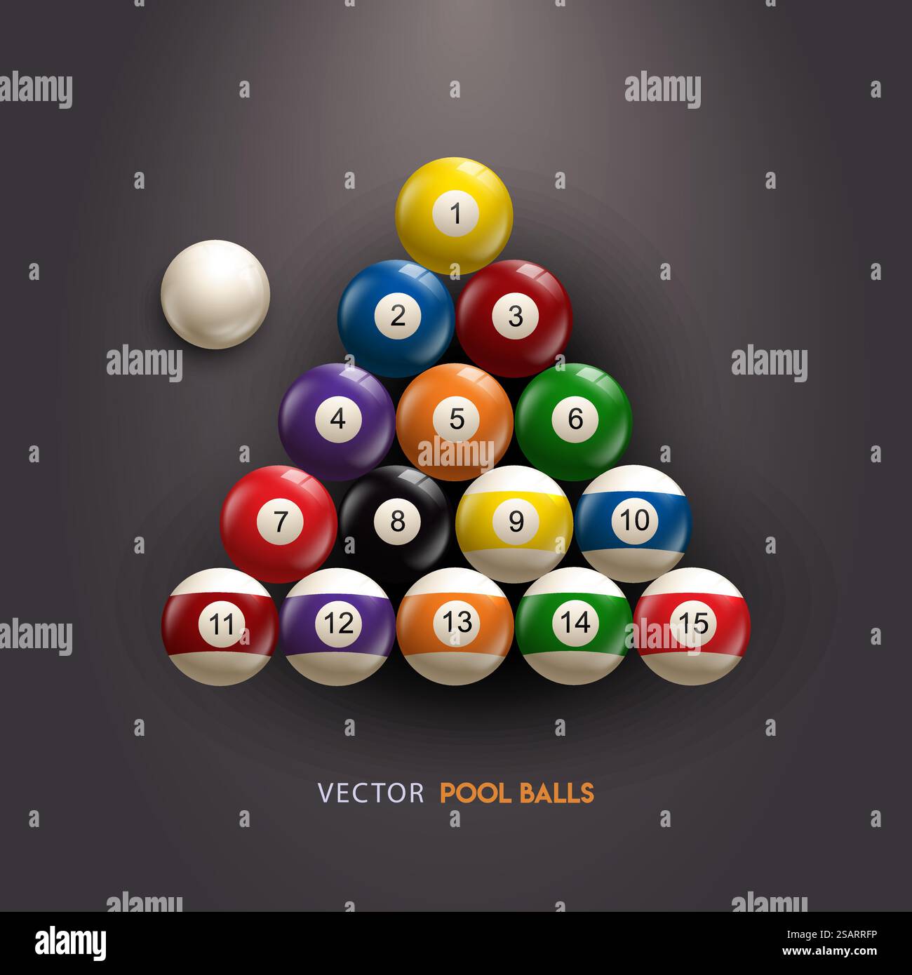 Biliardo, palline da biliardo con collezione di numeri in posizione di partenza triangolare. Palla da snooker lucida realistica su sfondo nero. Illustrazione vettoriale Illustrazione Vettoriale