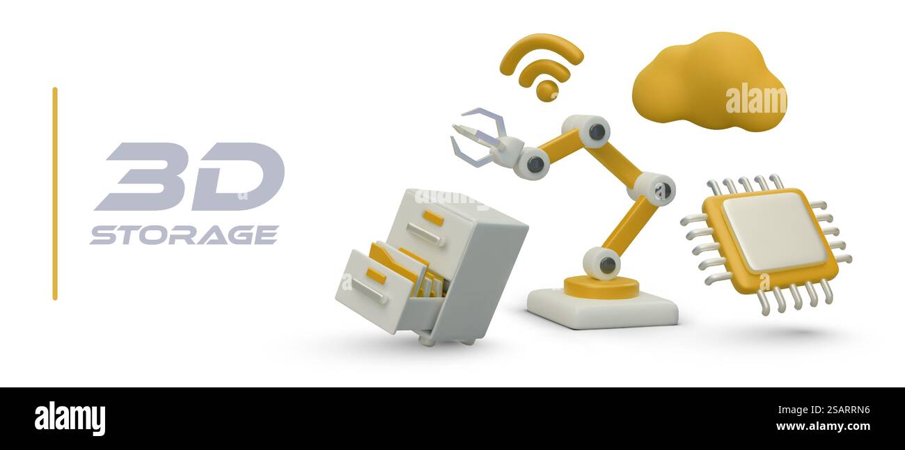 Ricerca e memorizzazione delle informazioni. Applicazione pubblicitaria per il trattamento dei dati. Sistematizzazione dell'archivio. Ricerca automatica. Archiviazione cloud, archivio virtuale. Concetto vettoriale con illustrazione 3D. Ricerca e memorizzazione delle informazioni. Applicazione pubblicitaria per il trattamento dei dati Illustrazione Vettoriale