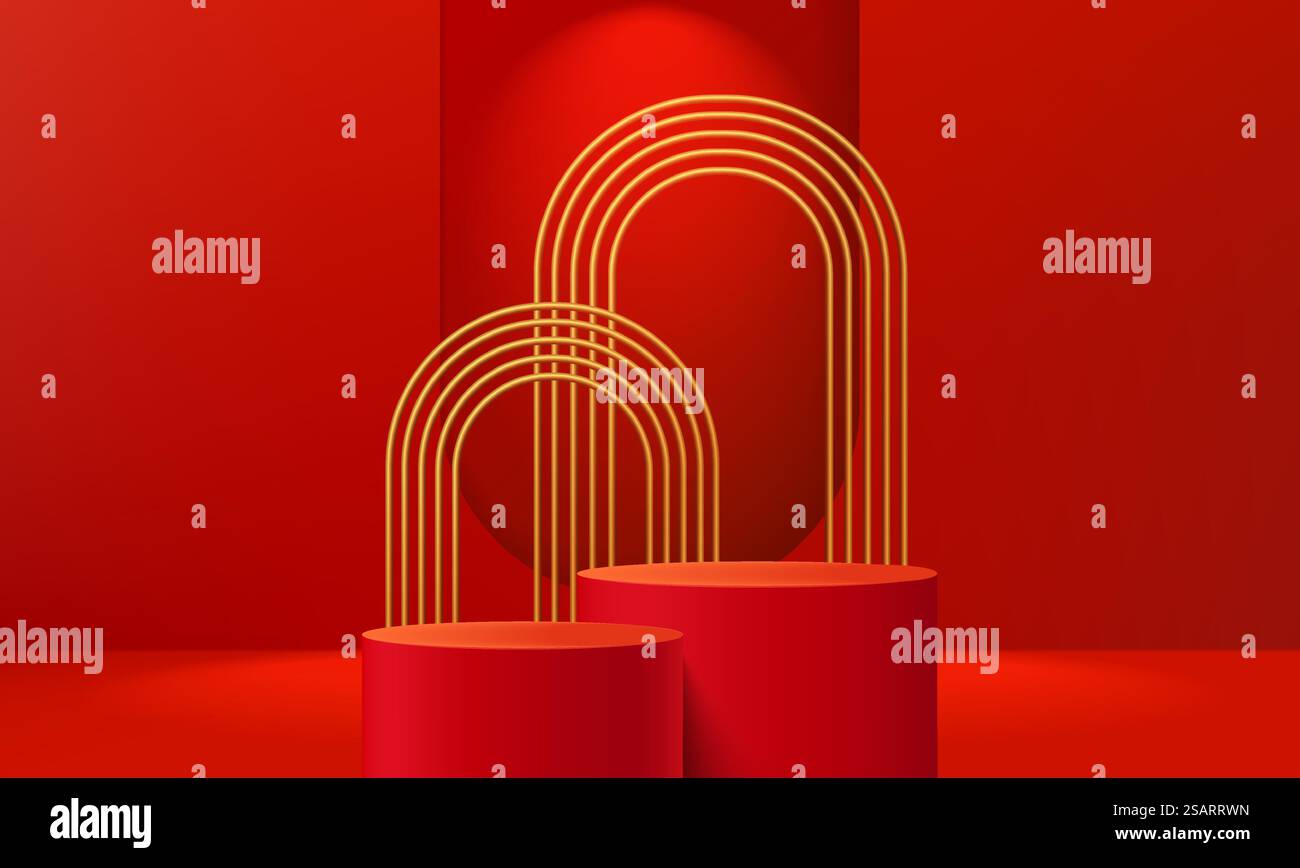 Rosso realistico, 3D stand con arco d'oro scena. Vetrina, esposizione di prodotti promozionali. Sala astratta vettoriale, forme geometriche. Illustrazione Vettoriale