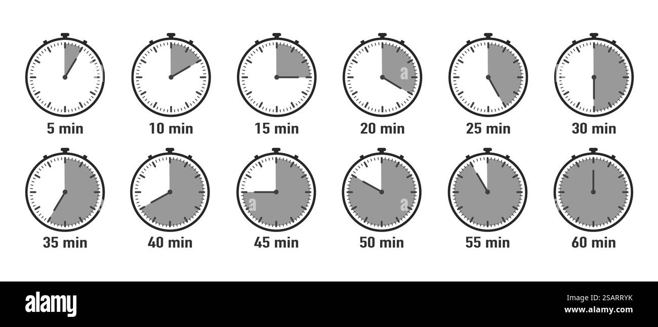 Icona del timer della cucina. Tempo di cottura minuti. Icone del tempo di preparazione dei pasti. Icone tempo di ebollizione. Illustrazione vettoriale Illustrazione Vettoriale