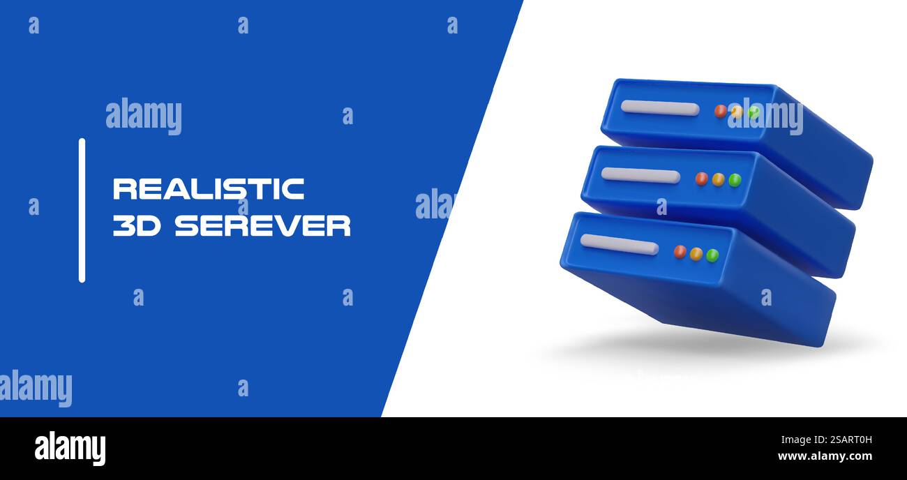 Server dedicato realistico. Banner pubblicitario a colori con illustrazione e testo. Servizi di noleggio server con configurazione personalizzata. Manutenzione e riparazione. Server dedicato realistico. Banner pubblicitario a colori con illustrazione e testo Illustrazione Vettoriale