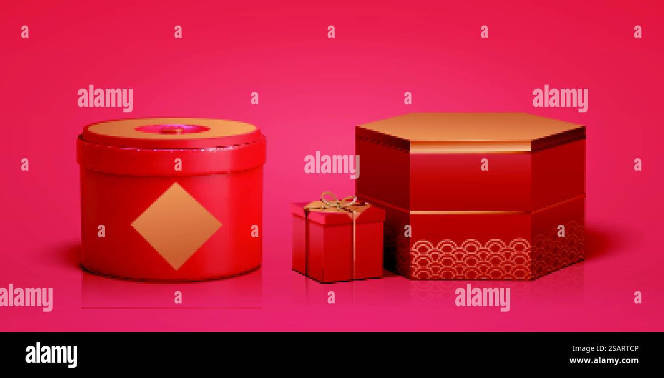 Scatole regalo rosse cinesi in 3d confezionate isolate su sfondo rosso. Scatole regalo rosse cinesi 3d. Illustrazione Vettoriale
