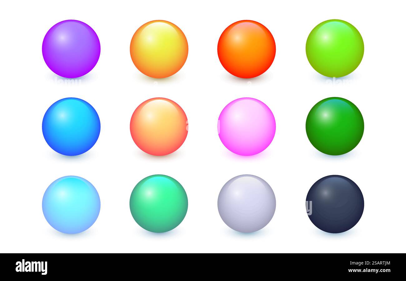 Set di sfere vettoriali. Collezione di palline colorate con ombra. Sfere lucide isolate su sfondo bianco. Illustrazione vettoriale per il progetto EPS10 Illustrazione Vettoriale