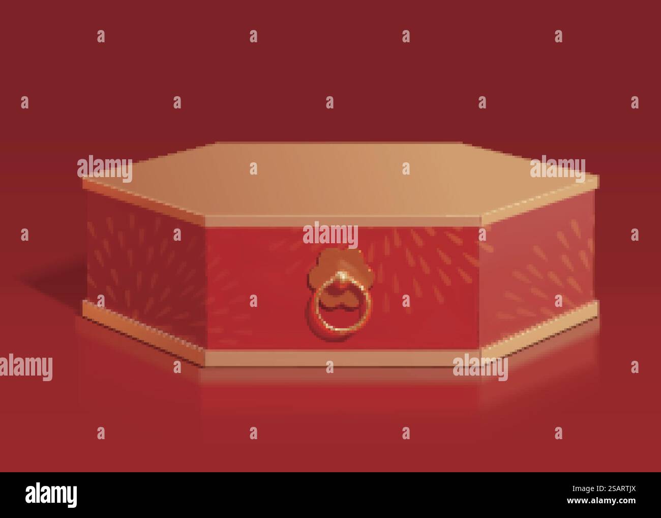 tavolino esagonale orientale di lusso 3d isolato su sfondo rosso. Adatto al decor del capodanno cinese. Podio con decorazioni esagonali in 3d asiatiche Illustrazione Vettoriale