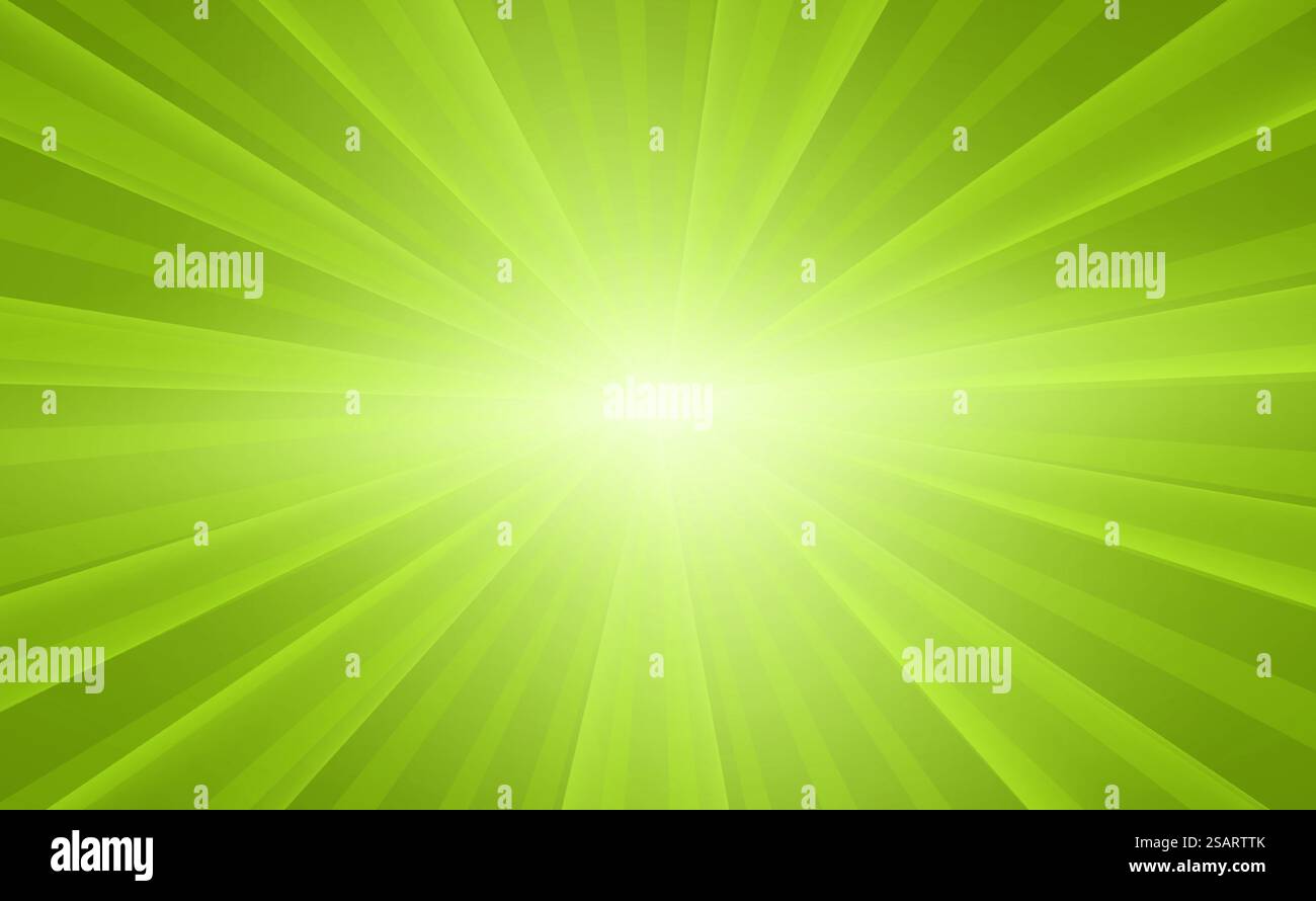 Sfondo astratto con motivo radiale a righe con raggi solari. Design di banner vettoriali verdi per le vendite. Poster pop art moderno per l'estate e la primavera Illustrazione Vettoriale
