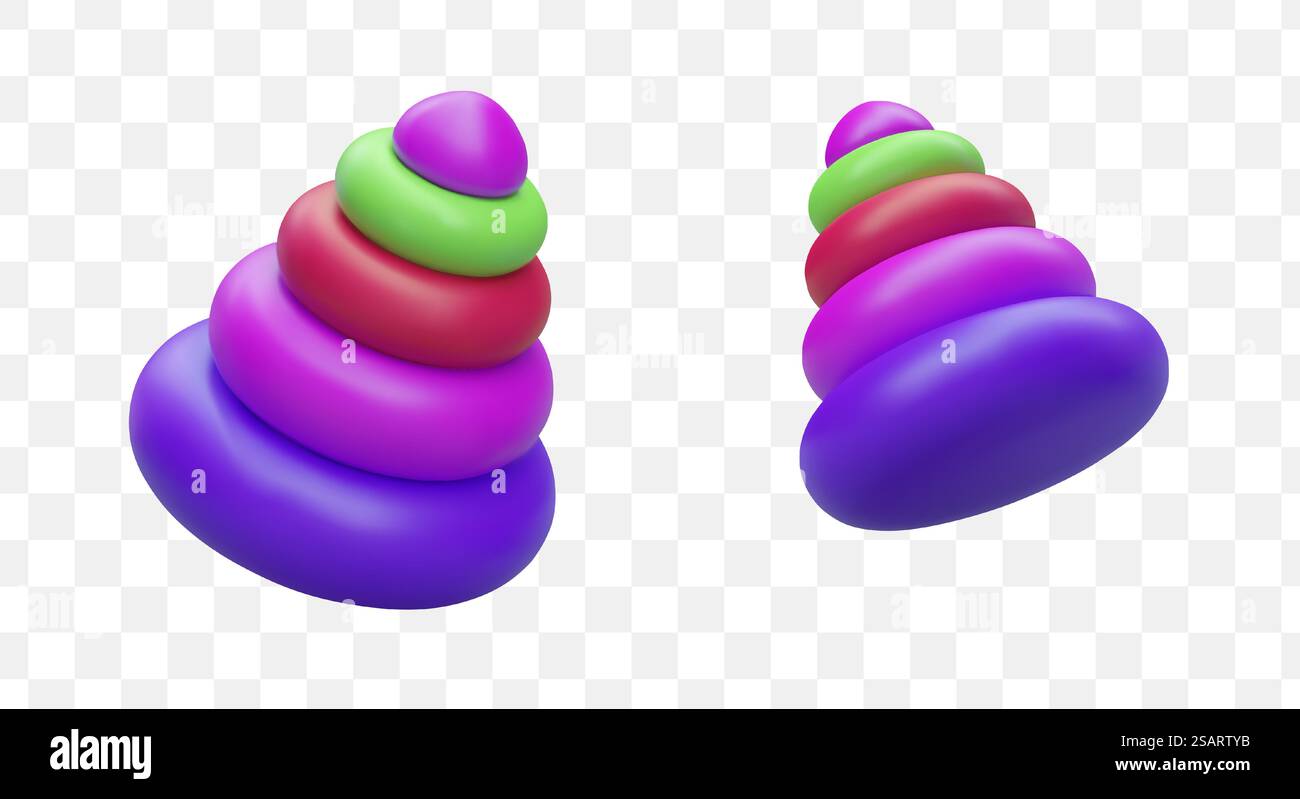 Piramide giocattolo in posizioni diverse. concetto giocattoli 3d per bambini. Piramide con anelli colorati per il negozio di giocattoli. Illustrazione vettoriale nei colori verde, rosso e viola. Piramide giocattolo in posizioni diverse. concetto giocattoli 3d per bambini Illustrazione Vettoriale