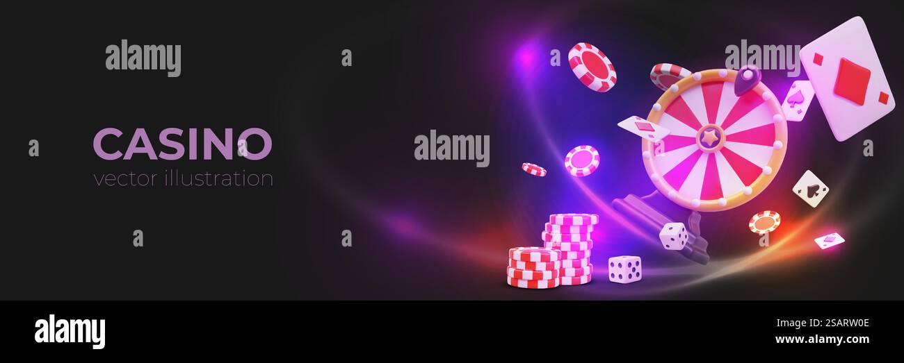 Carte da gioco, ruota della fortuna, cubi di gioco e gettoni rossi. Elegante poster moderno per il sito web del casinò online nei colori nero, rosso e viola. Illustrazione vettoriale in stile 3D con posizione per il testo. Carte da gioco, ruota della fortuna, cubi di gioco e gettoni rossi Illustrazione Vettoriale