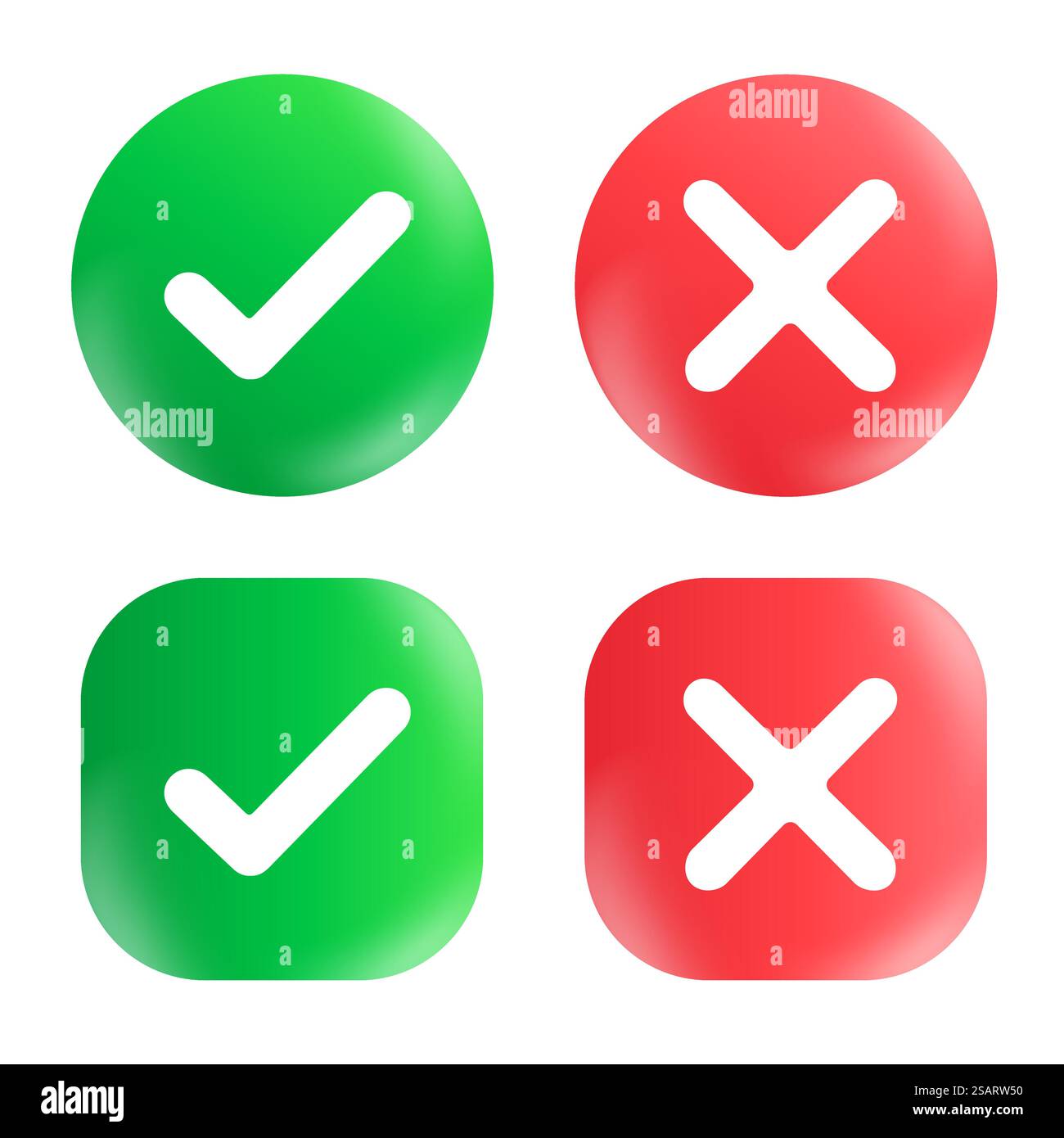 Segni di spunta e croce. Segno di spunta verde OK e icone X rosse isolate su sfondo bianco. Design grafico semplice. Simboli SÌ e NESSUN pulsante per il voto, la decisione, il web. Illustrazione vettoriale Illustrazione Vettoriale