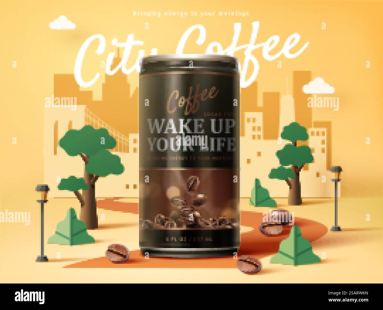 Pubblicità di caffè nero su una città in stile piatto Illustrazione Vettoriale