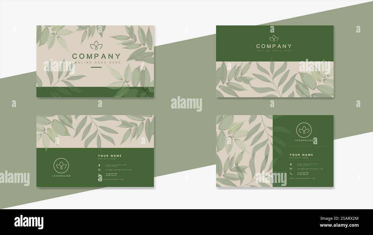 Biglietto da visita beige con foglie verdi. Modello di progettazione per logo bio biologico aziendale, prodotti naturali ed ecologici, cosmetici, farmacia, medicina. Vector Leaves EPS10 Illustrazione Vettoriale