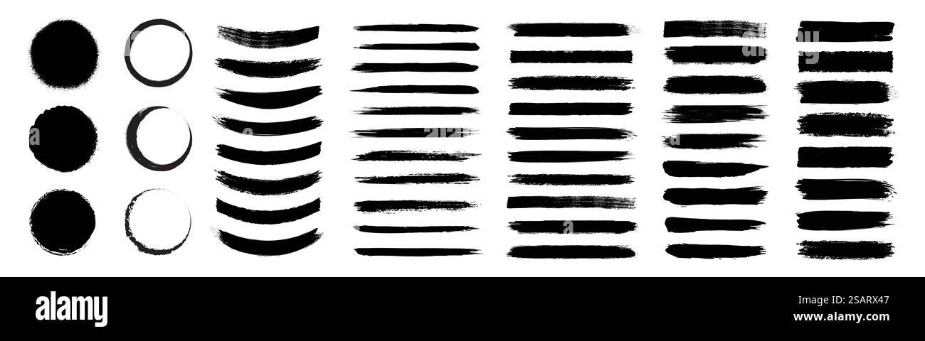 Tratti di pennello. Set di pennelli vettoriali. Grunge gli elementi di progettazione. Cornici rettangolari con trama. Striscioni a trama sporca e grintosa. Macchie di inchiostro. Caselle di testo colorate Illustrazione Vettoriale
