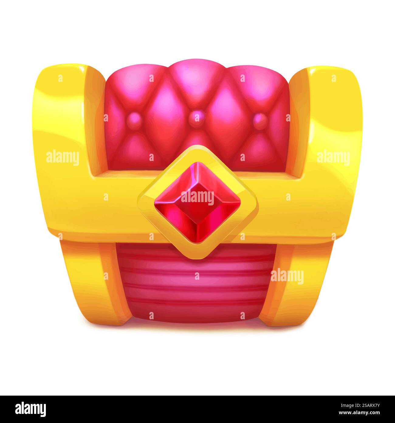 Scrigno chiuso in oro con isolamento rubino su sfondo bianco. Icona di gioco in stile cartoni animati. Petto pirata con scatola dorata e velluto rosa a strisce. Illustrazione vettoriale EPS10 Illustrazione Vettoriale