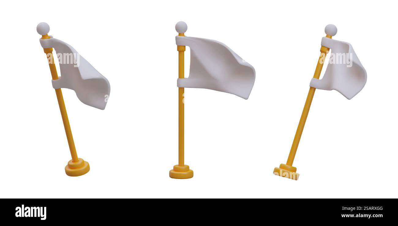 Set di bandiere bianche in diverse posizioni. Arrenditi il simbolo del gioco. Cessazione volontaria del combattimento. Immagini vettoriali isolate, icone in stile cartoni animati. Illustrazione realistica. Set di bandiere bianche in diverse posizioni. Arrenditi il simbolo del gioco. Cessazione volontaria del combattimento Illustrazione Vettoriale