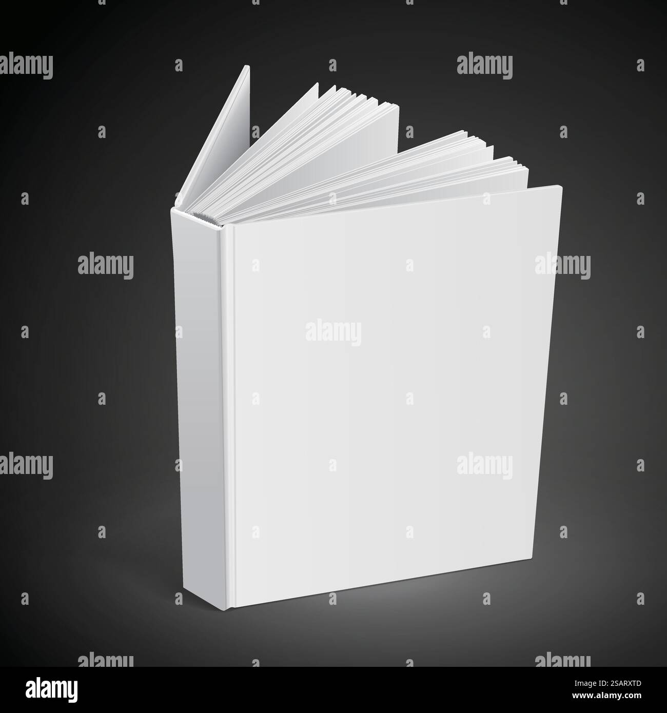 aprire un libro vuoto isolato su sfondo nero. Illustrazione 3D... libro con copertina rigida vuota Illustrazione Vettoriale