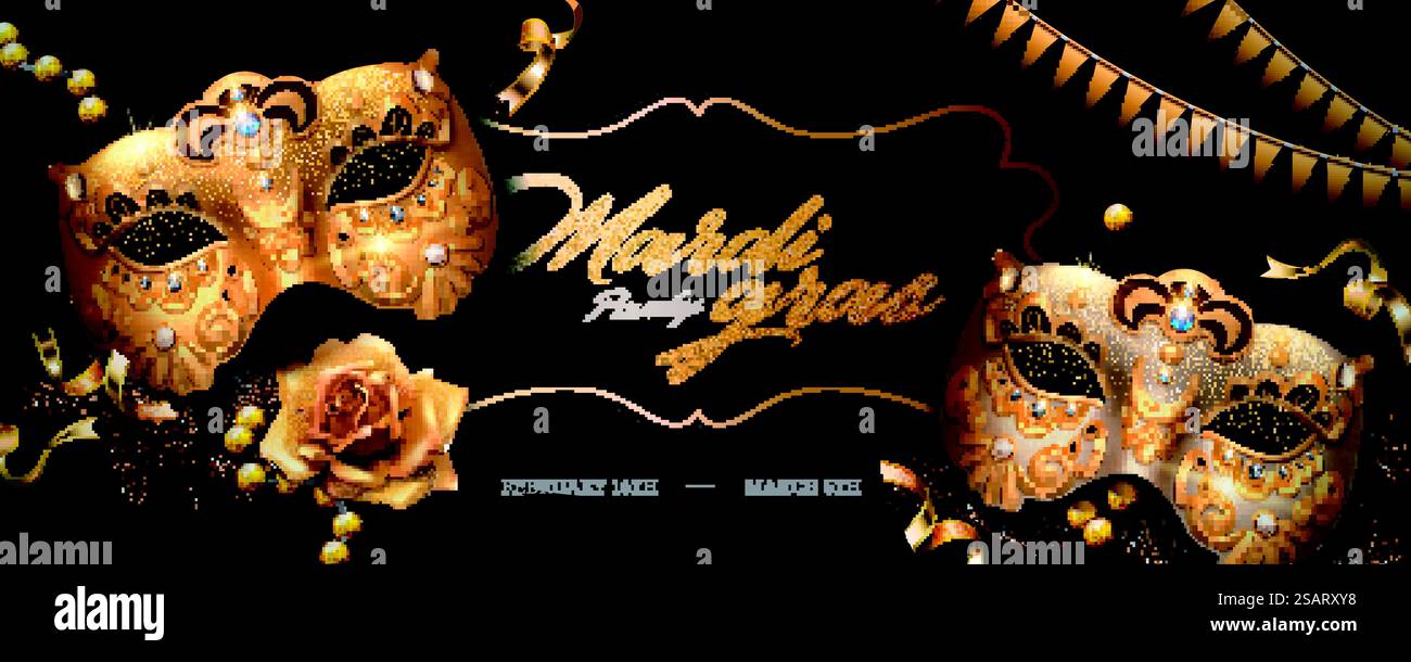 Banner Mardi gras con maschera di lusso dorata e streamer in illustrazione 3d, angolo di visione dall'alto. Striscione del Mardi gras Illustrazione Vettoriale