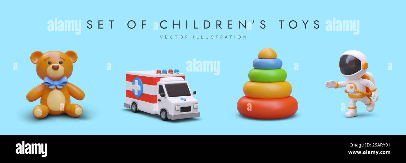 Set con giocattoli per bambini su sfondo blu. Simpatico orsacchiotto morbido, ambulanza, piramide educativa con anelli colorati, astronauta e auto ambulanza. Illustrazione vettoriale. Set con giocattoli per bambini su sfondo blu. Simpatico orsacchiotto morbido, ambulanza Illustrazione Vettoriale