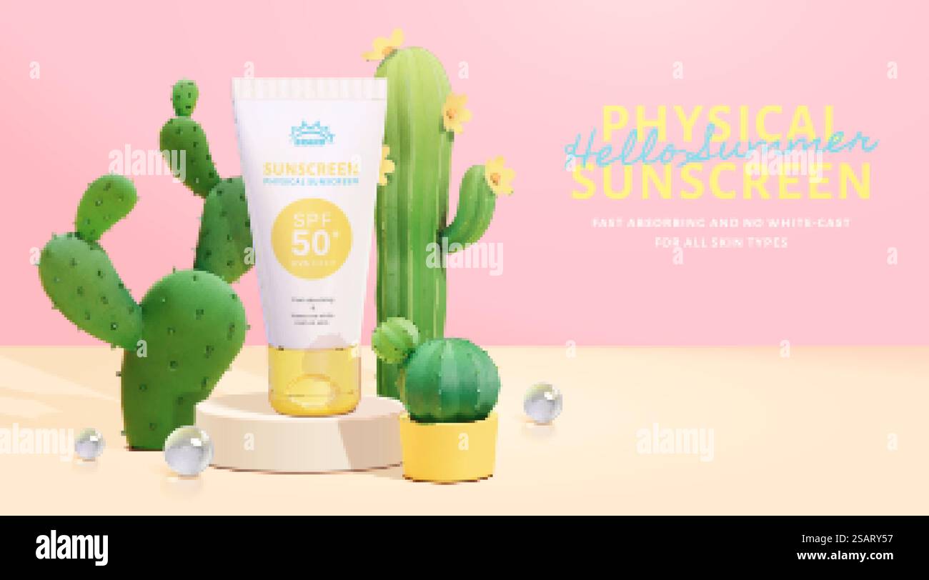 modello di annuncio per crema solare rosa 3d. Mock-up del tubo su un palco rotondo con decorazione di cactus. Adatto per promozioni estetiche estive. Pubblicità con crema solare a tema cactus carino Illustrazione Vettoriale