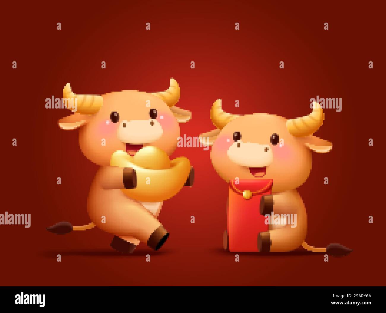 2021 elemento animale Capodanno cinese isolato su sfondo rosso. Due cartoni animati che tengono rispettivamente busta rossa e lingotto d'oro. 2021 elementi cartoni animati animali del bue CNY Illustrazione Vettoriale
