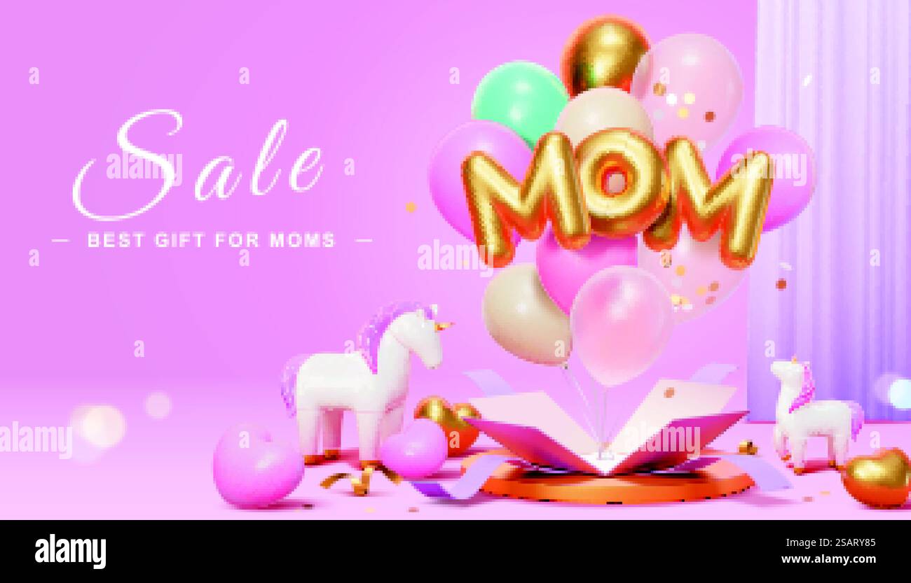 Modello promozionale 3d Mother&rsquo;S Day sale. La colorata scatola a sorpresa per LA frase in mongolfiera DELLA MAMMA è decorata con simpatici giocattoli e tende per unicorno. Banner 3d rosa per la festa della mamma Illustrazione Vettoriale