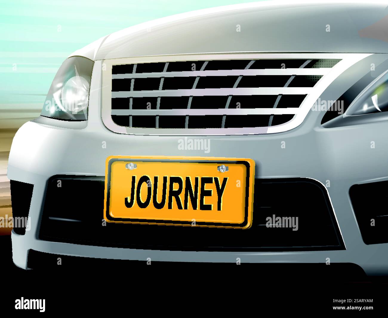 Parole di viaggio sulla targa, nuova vettura color argento su sfondo sfocato, illustrazione 3D. Parole di viaggio sulla targa Illustrazione Vettoriale