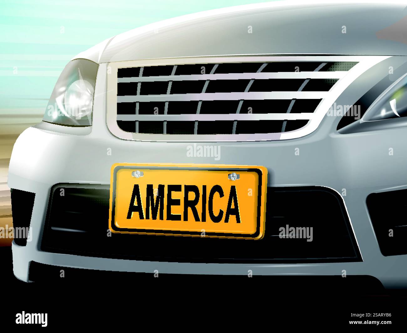 Parole americane sulla targa, vettura nuova di zecca color argento su sfondo sfocato, illustrazione 3D. Parole americane sulla targa Illustrazione Vettoriale