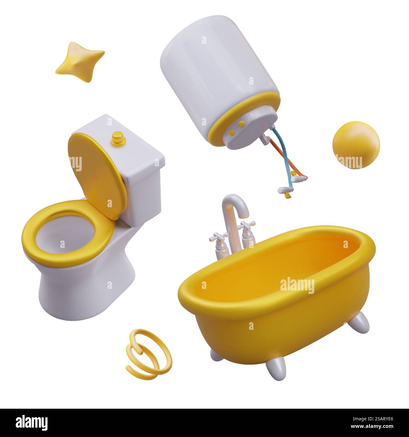 Set di elementi colorati 3D per il bagno. WC, vasca da bagno, scaldabagno, oggetti decorativi. Modelli per la progettazione pubblicitaria. Installazione e riparazione di attrezzature idrauliche, servizio clinico. Set di elementi colorati 3D per il bagno. WC, vasca da bagno, scaldabagno, oggetti decorativi Illustrazione Vettoriale