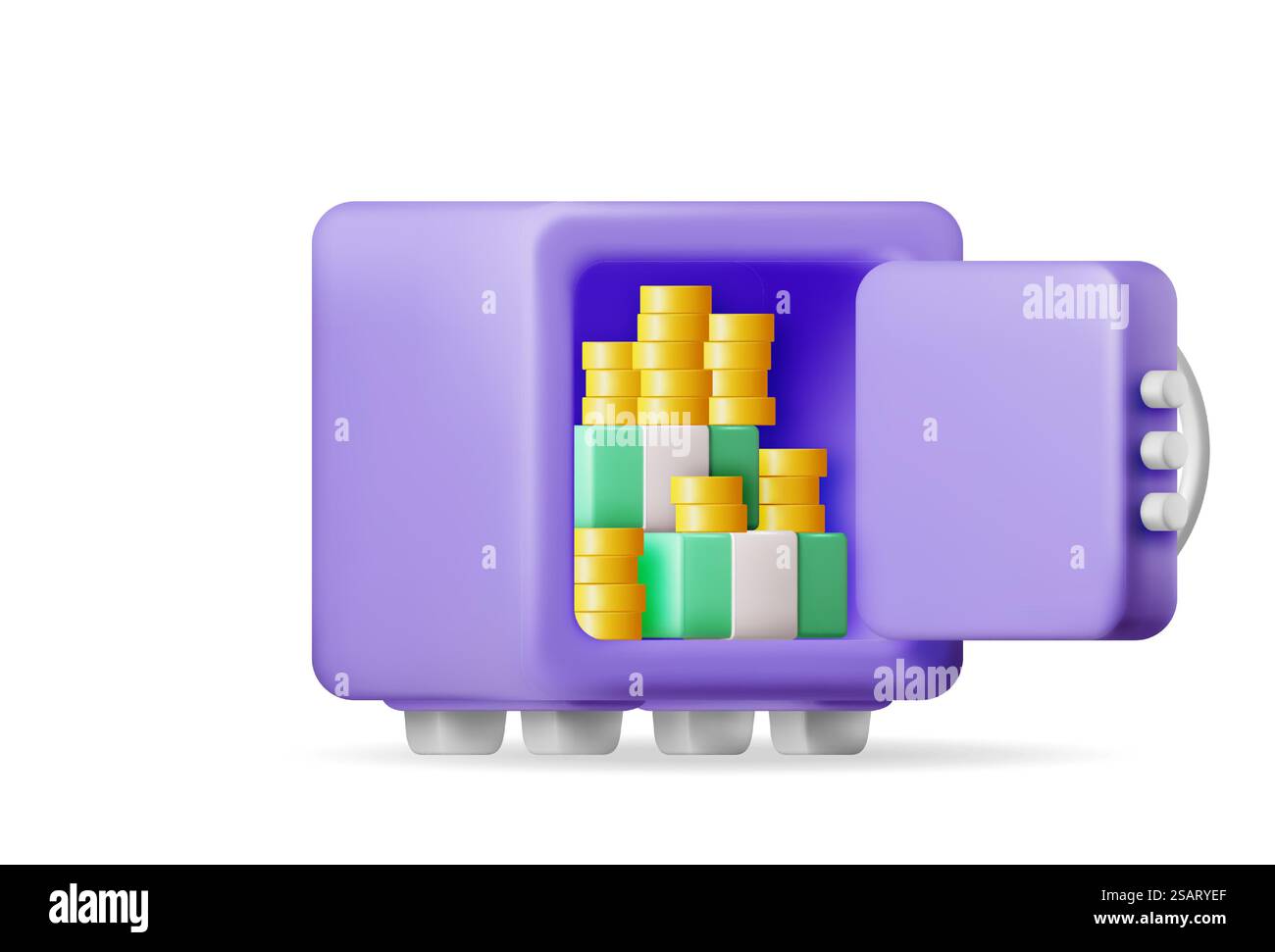 Cassetta di sicurezza 3d piena di soldi isolata su bianco. Esegui il rendering della cassetta di sicurezza in stile plastico monete in contanti, icona dollari. Sicurezza del deposito bancario, deposito cauzionale, cassetta di sicurezza per contanti. Risparmio di denaro immagazzinato. Illustrazione vettoriale. Cassetta di sicurezza 3d piena di soldi isolata Illustrazione Vettoriale