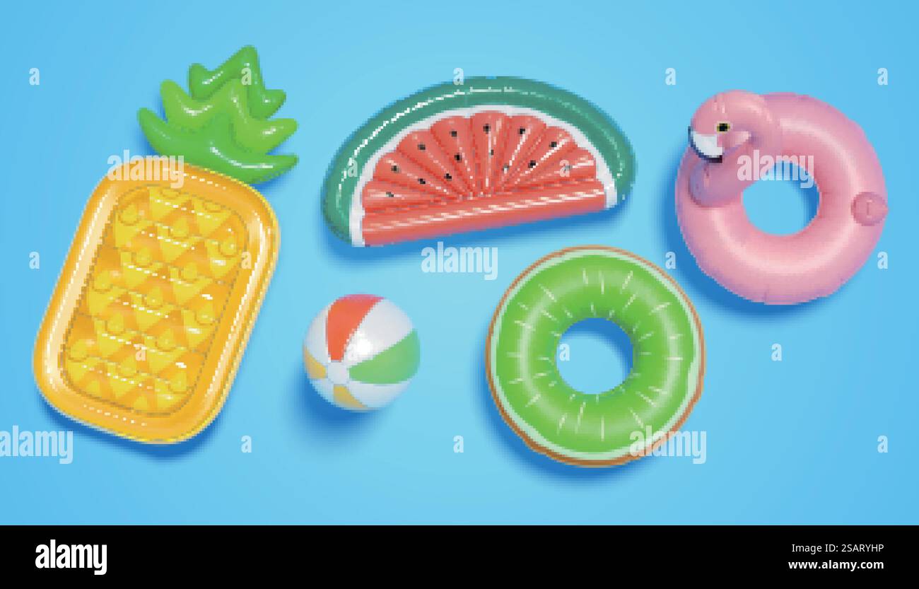collezione di galleggianti in piscina in 3d, tra cui un pallone da spiaggia, lettini a forma di frutta e anelli da nuoto. Elementi delle feste estive visti dall'alto, isolati su sfondo blu. giocattoli galleggianti per piscine in 3d. Illustrazione Vettoriale collezione di galleggianti in piscina in 3d, tra cui un pallone da spiaggia, lettini a forma di frutta e anelli da nuoto. Elementi delle feste estive visti dall'alto, isolati su sfondo blu. giocattoli galleggianti per piscine in 3d. Illustrazione Vettoriale