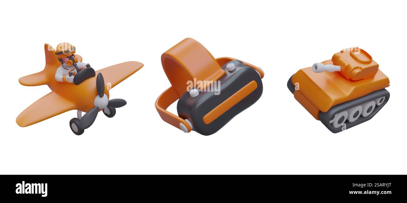 Aereo d'epoca 3D con divertente pilota, serbatoio arancione, occhiali per realtà virtuale. Illustrazione a colori isolata. Battaglie terrestri e aeree, viaggi. Icone per il gioco. Aereo d'epoca 3D con divertente pilota, serbatoio arancione, occhiali per realtà virtuale Illustrazione Vettoriale