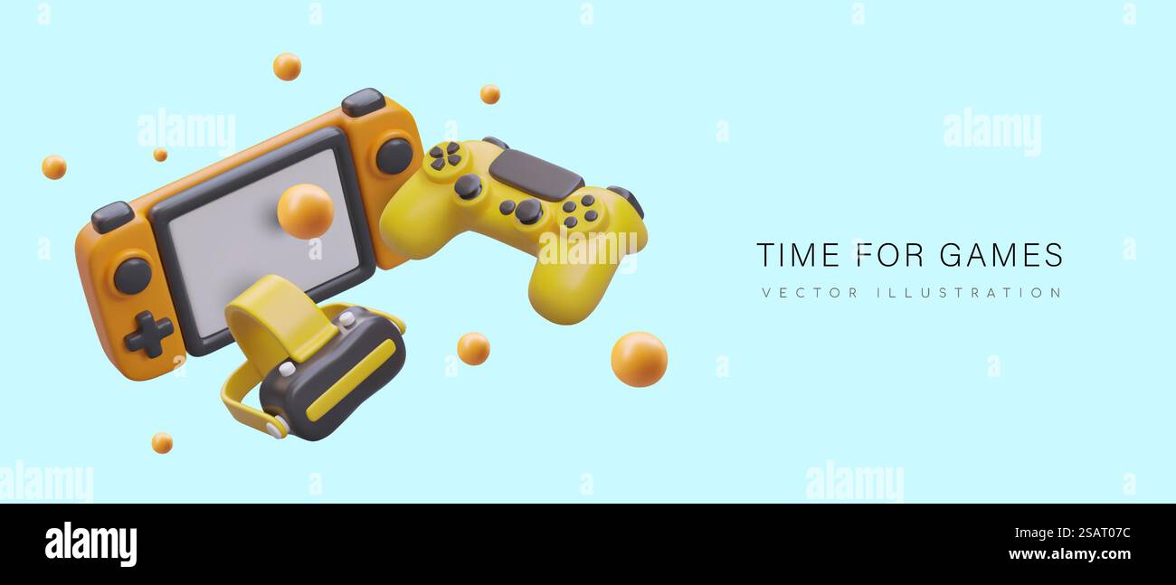 Tempo di gioco. Riposa con il gamepad. Giochi per computer moderni e accessori per loro. Concetto per il negozio di gadget. Modello su sfondo blu, oggetti 3D mobili. Tempo di gioco. Riposa con il gamepad. Giochi per computer moderni e accessori per loro Illustrazione Vettoriale