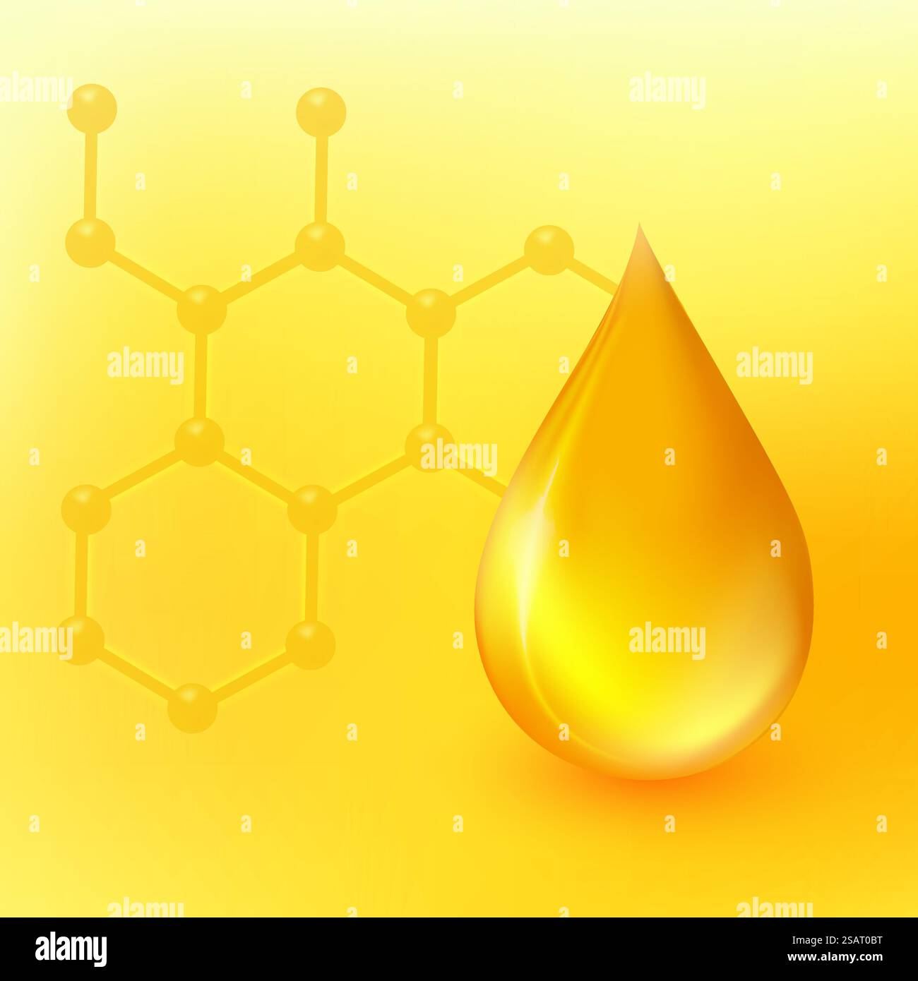 Illustrazione del vettore di caduta dell'olio. Goccioline liquide 3d realistiche e simbolo della molecola di dna isolato su sfondo giallo. Essenza di collagene dorato. Concetto industriale e petrolifero. Icona Omega 3. EPS10 Illustrazione Vettoriale
