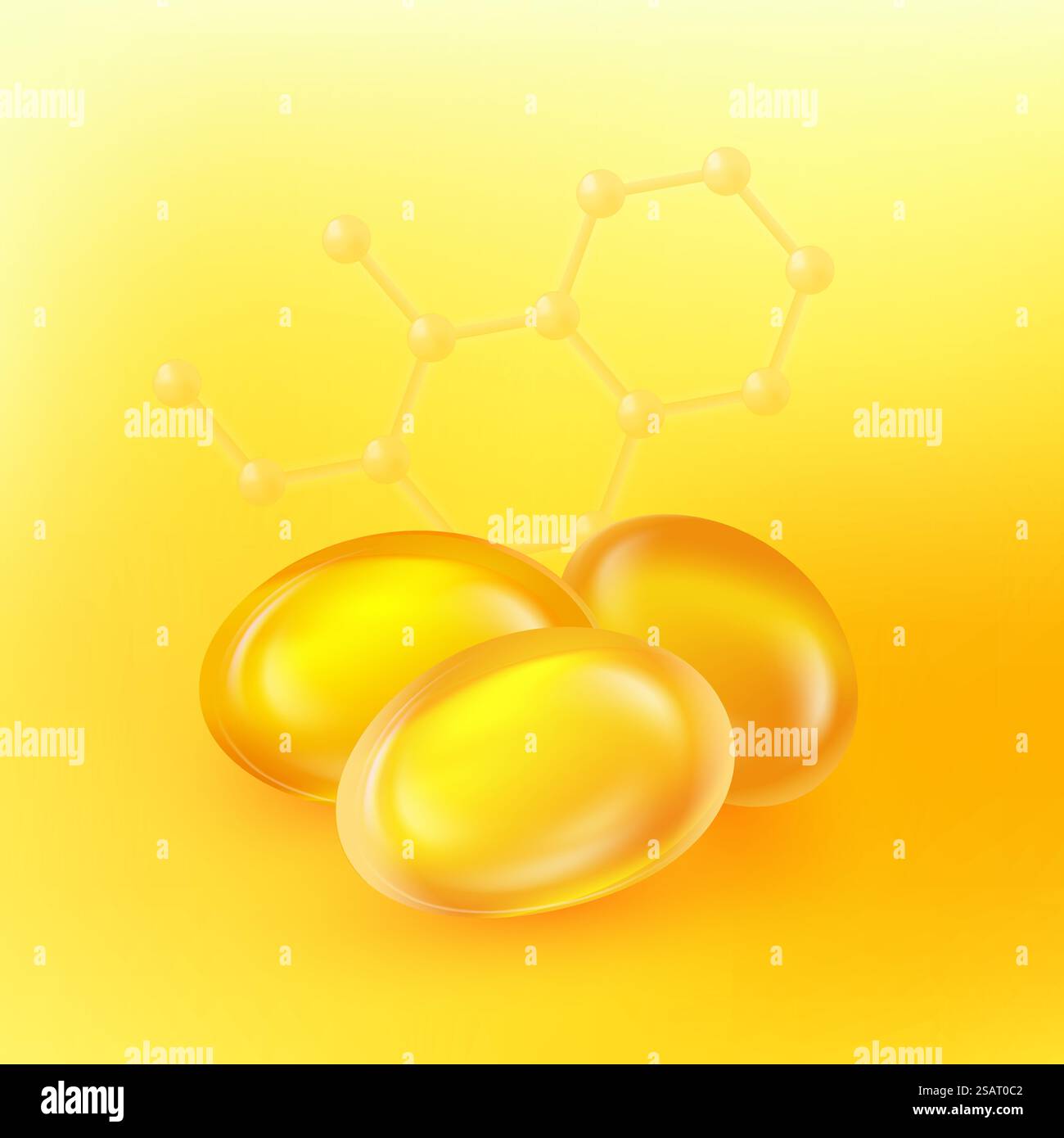 Illustrazione del vettore di caduta dell'olio. Goccioline 3d realistiche e simbolo della molecola di dna su sfondo giallo. Essenza di collagene dorato. Concetto industriale e petrolifero. Etichetta Omega 3 o pillole mediche. EPS10 Illustrazione Vettoriale