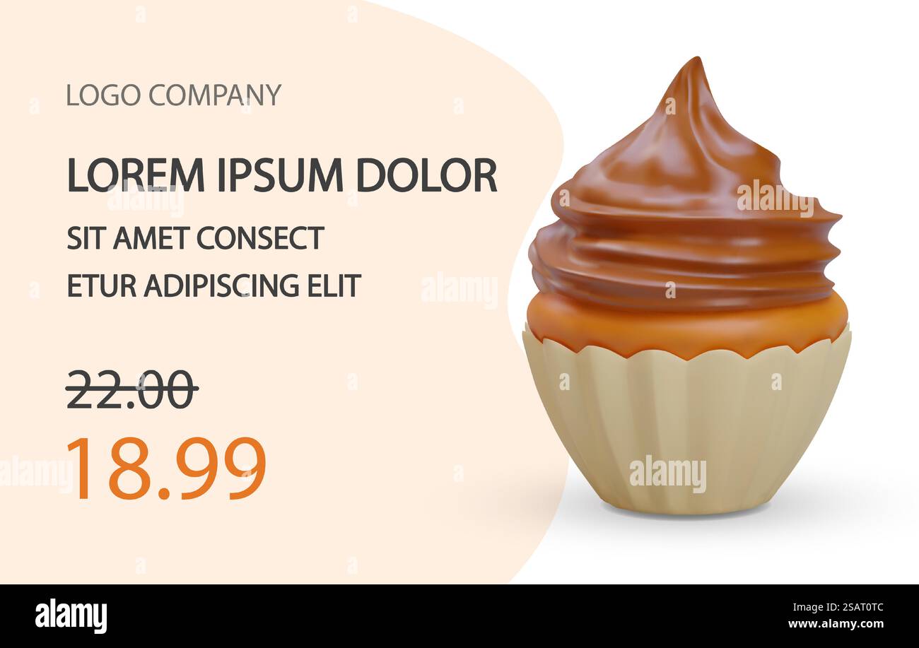 Poster colorato sul Web con muffin al cioccolato 3d realistico. Design per dolci, acquista con spazio per testo e logo. Illustrazione vettoriale nei colori marrone e bianco. Poster colorato sul Web con muffin al cioccolato 3d realistico. Crea il tuo look per i dolci con spazio per il testo Illustrazione Vettoriale