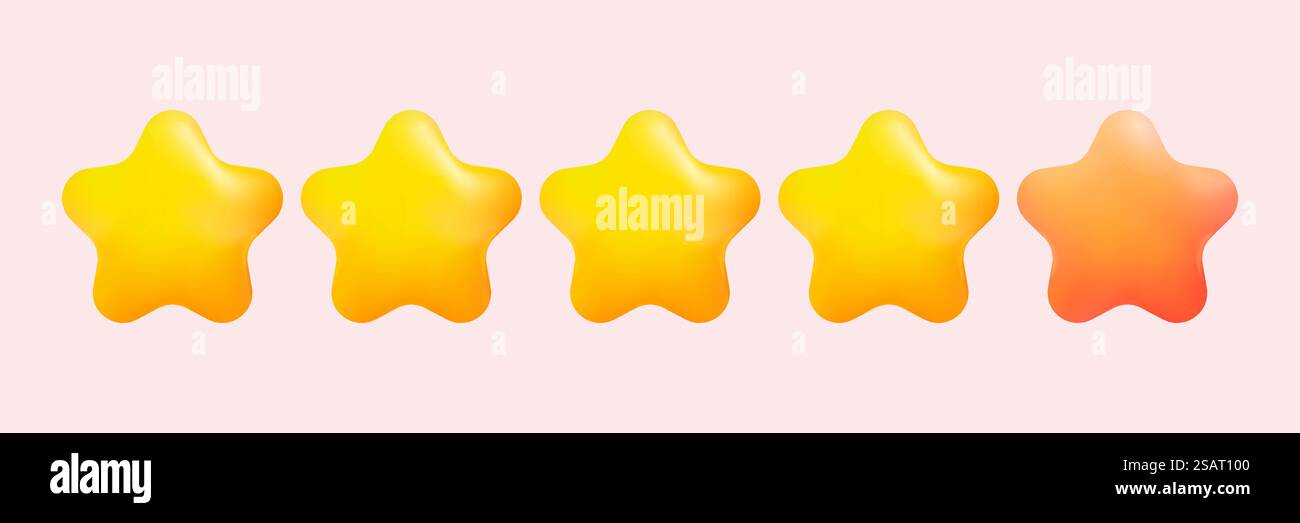 Segno di graduatoria a cinque stelle. Quattro stelle d'oro su cinque. Classificazione dell'icona dell'adesivo 3d Glossy Golden Stars isolata su sfondo rosa. Valutazione del servizio, simbolo di raggiungimento. Illustrazione vettoriale Illustrazione Vettoriale