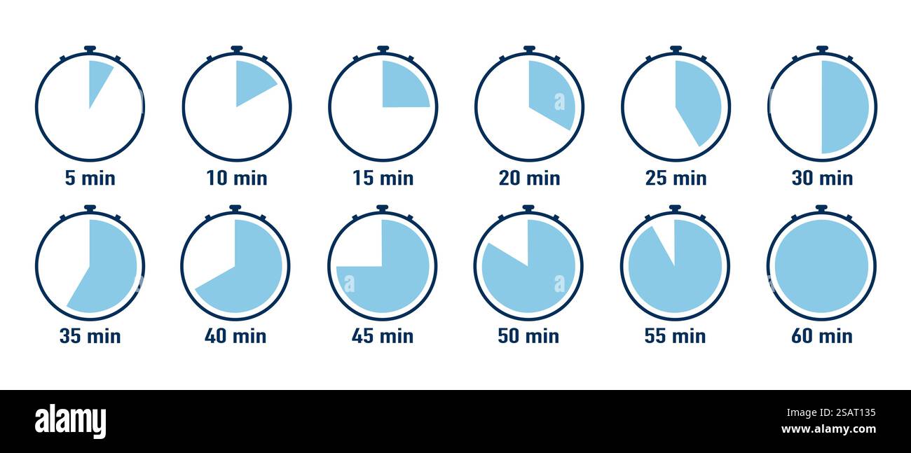 Serie di timer. Orologio, icone cronometro. Timer per conto alla rovescia. Contaore circolare di colore blu. Icone vettoriali semplici Illustrazione Vettoriale