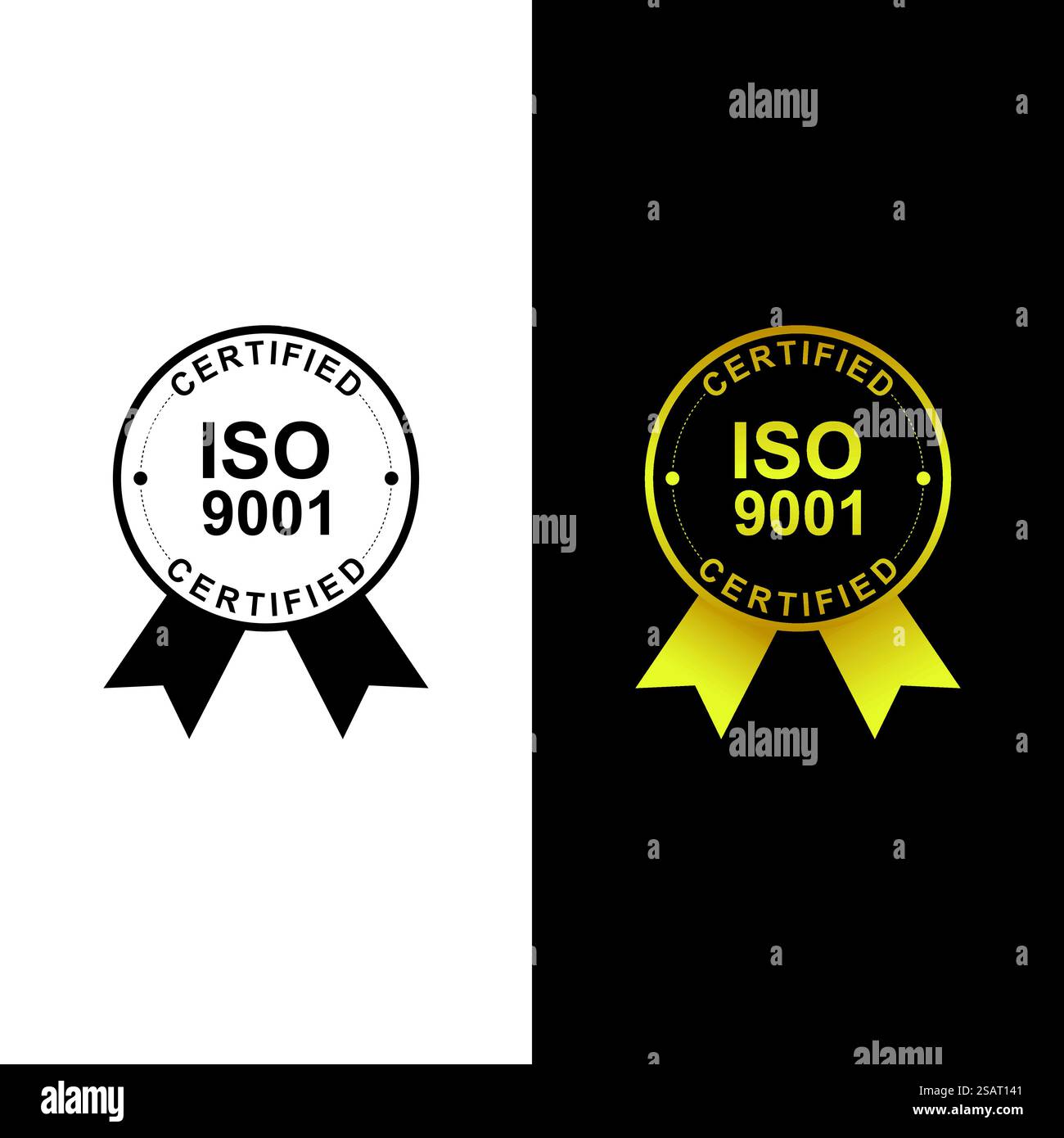 Etichetta o timbro di certificazione ISO in colore nero e oro, isolata su sfondo bianco e scuro Illustrazione Vettoriale